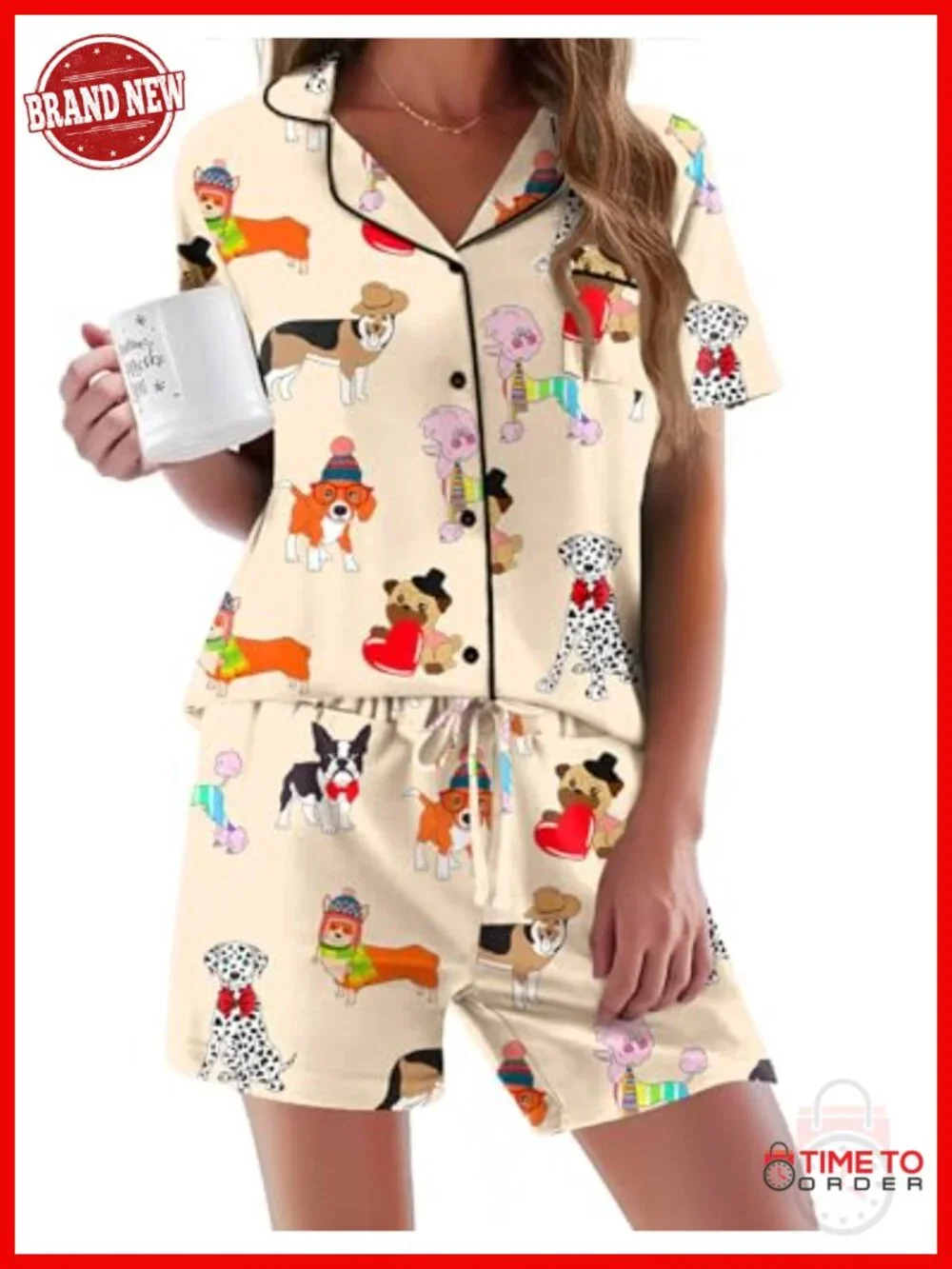 2-Piece Short Sleeve Pajama Set with Button Down Top & Shorts